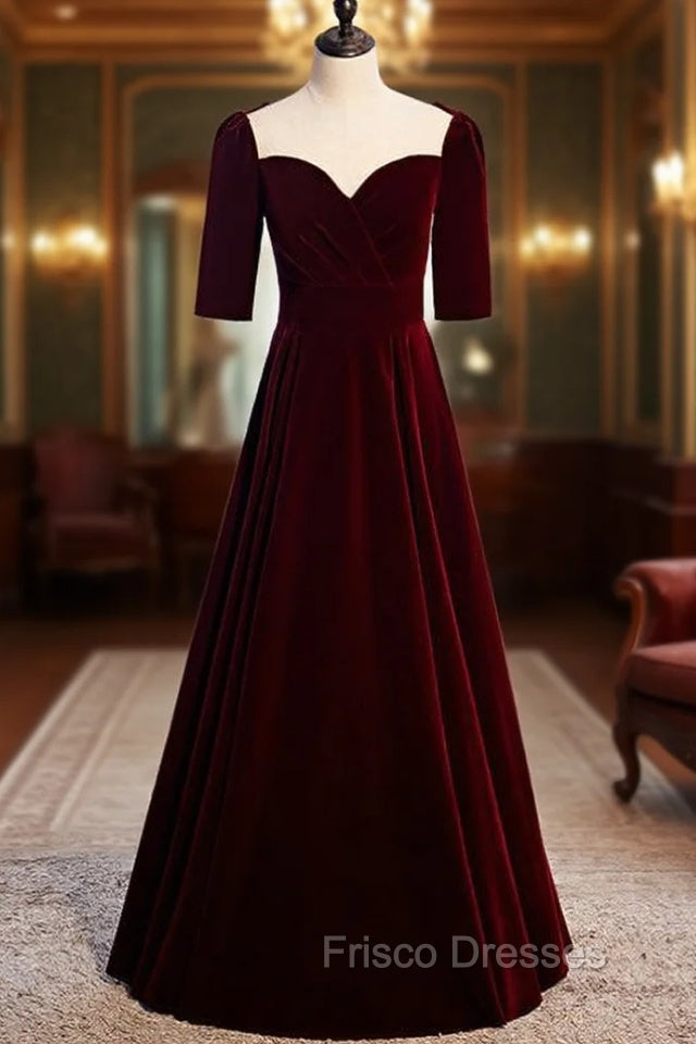 Burgundy Velvet Short Sleeve Scoop Formal Prom Dress