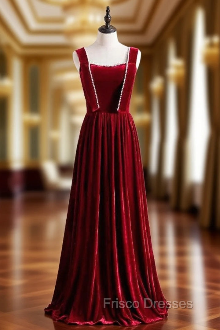 Burgundy Velvet Sleeveless Pearls Long Formal Prom Dress Main image