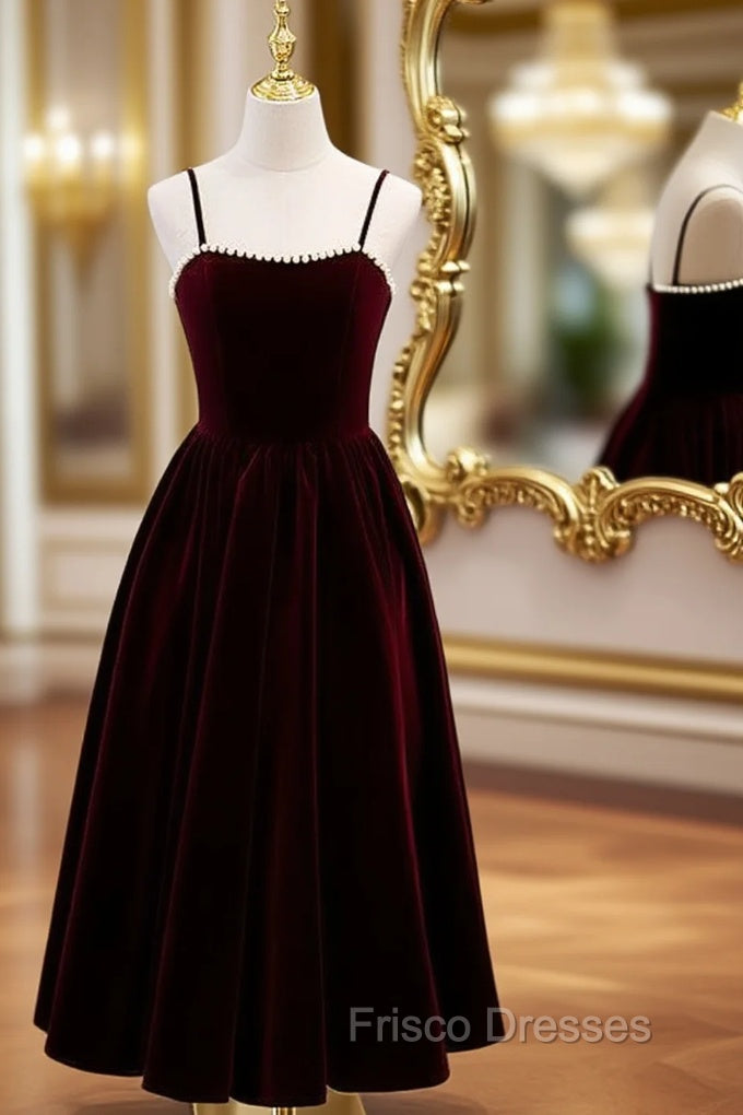 Burgundy Velvet Spaghetti Straps Pearls Formal Prom Dress Main image