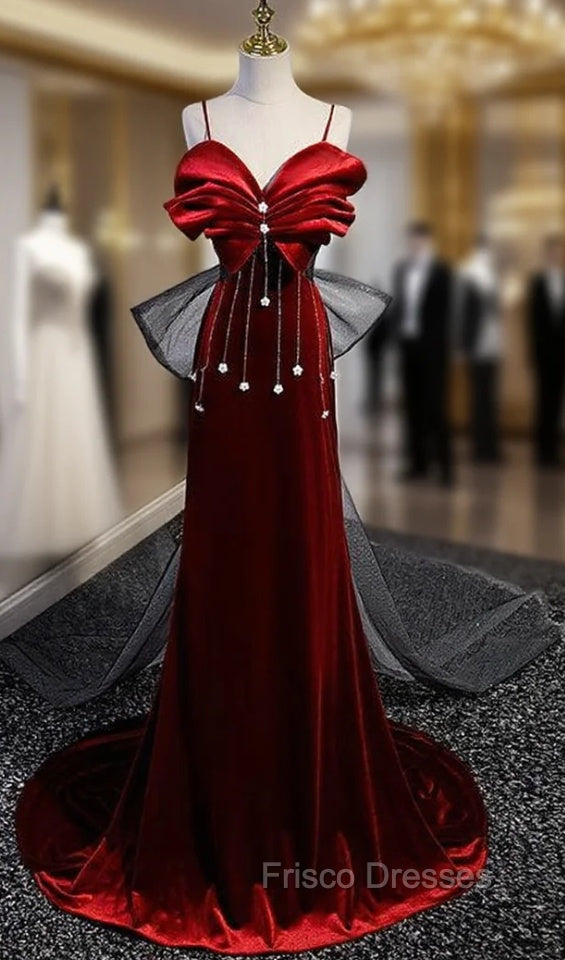 Burgundy Velvet Spaghetti Straps Pleats Formal Prom Dress