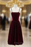 Burgundy Velvet Spaghetti Straps Tea Length Formal Prom Dress