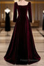 Burgundy Velvet Square Long Sleeve Long Formal Prom Dress