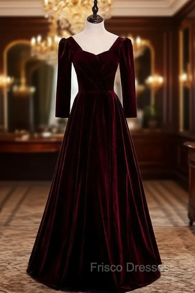 Burgundy Velvet Square Long Sleeve Formal Prom Dress Main image