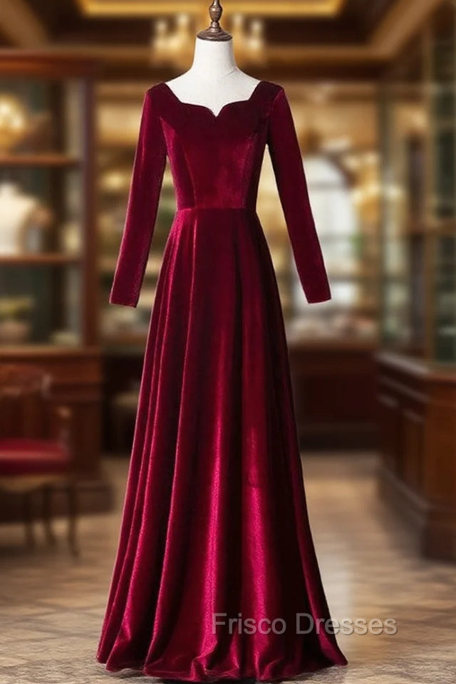 Burgundy Velvet Square Neck Long Sleeve Formal Prom Dress Main image