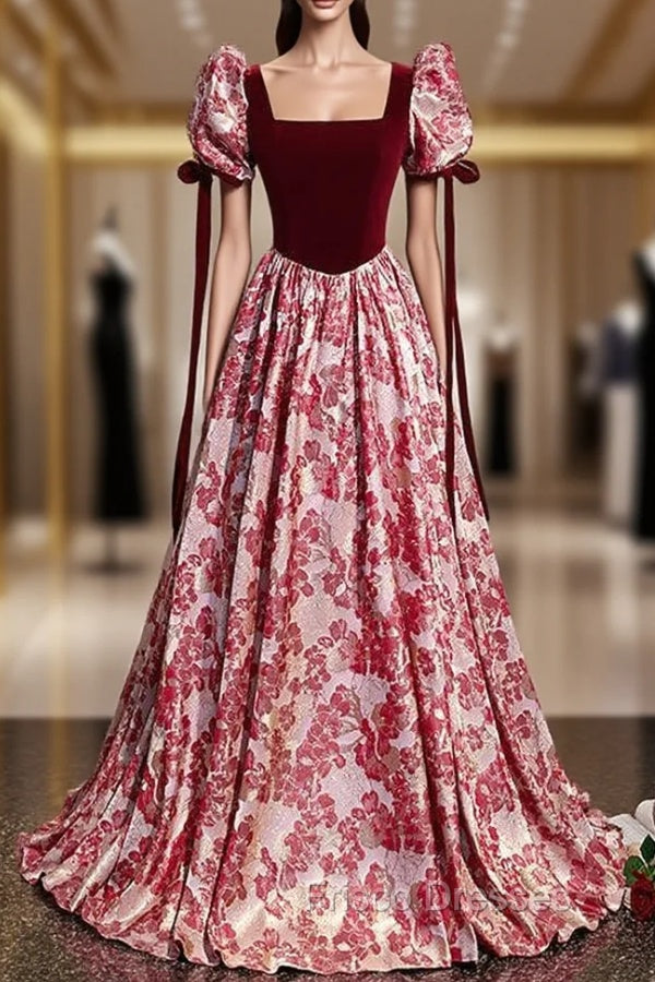 Burgundy Velvet Square Neck Puff Sleeve Formal Prom Dress Main image