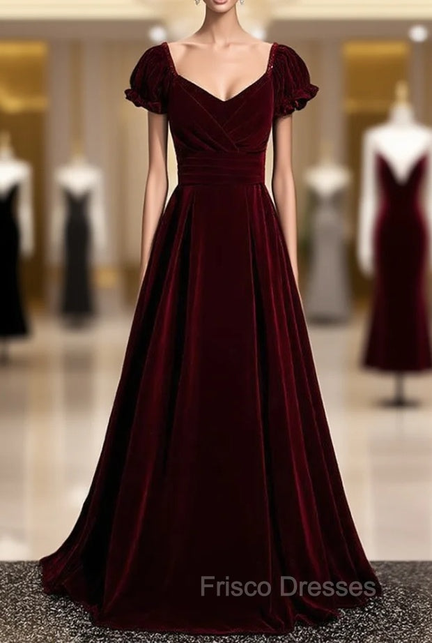 Burgundy Velvet Square Puff Sleeve Pleats Formal Prom Dress Main image