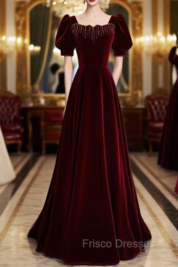 Burgundy Velvet Square Short Sleeve Beading Formal Prom Dress