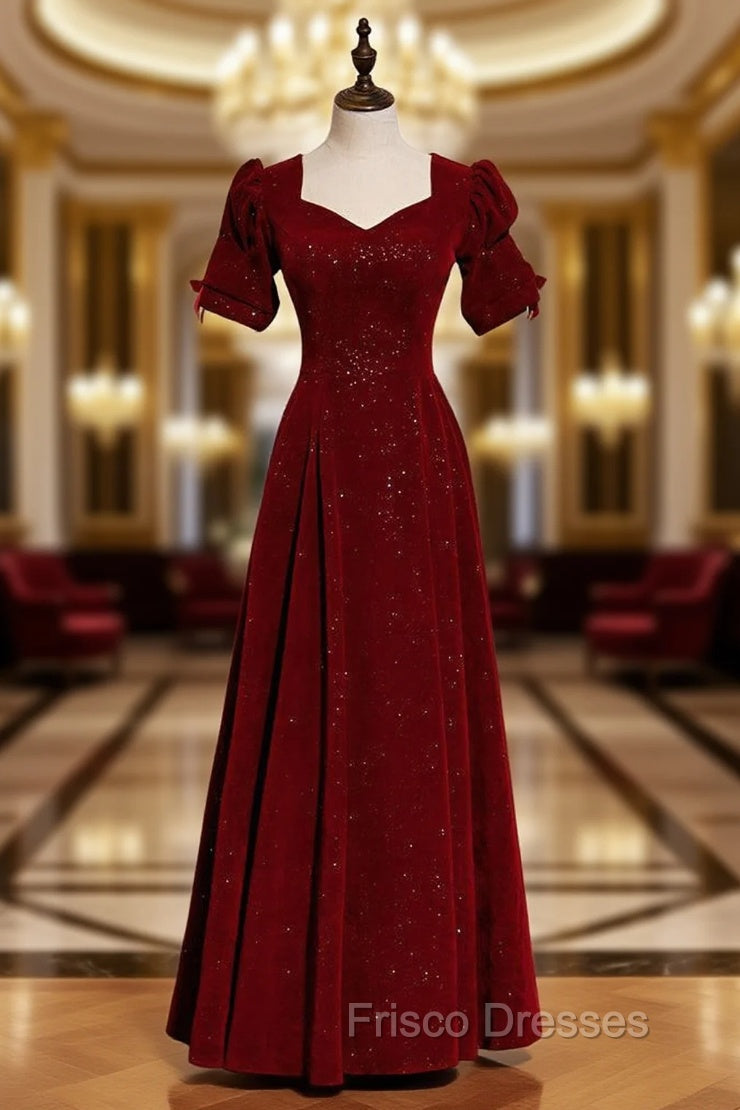 Burgundy Velvet Square Short Sleeve Long Formal Prom Dress