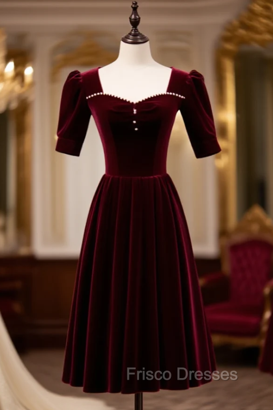 Burgundy Velvet Square Short Sleeve Pearls Formal Prom Dress