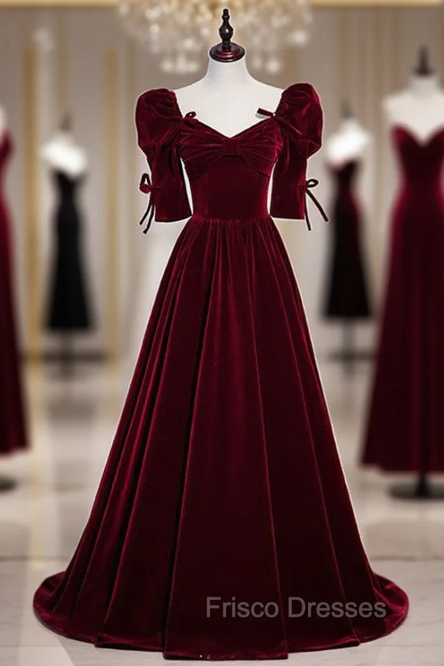 Burgundy Velvet Square Short Sleeve Pleats Formal Prom Dress