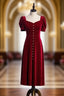 Burgundy Velvet Square Short Sleeve Formal Prom Dress