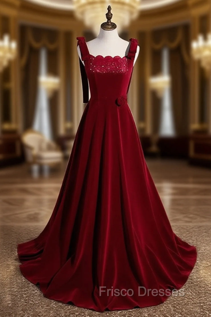 Burgundy Velvet Straps Beading Formal Prom Dress Main image