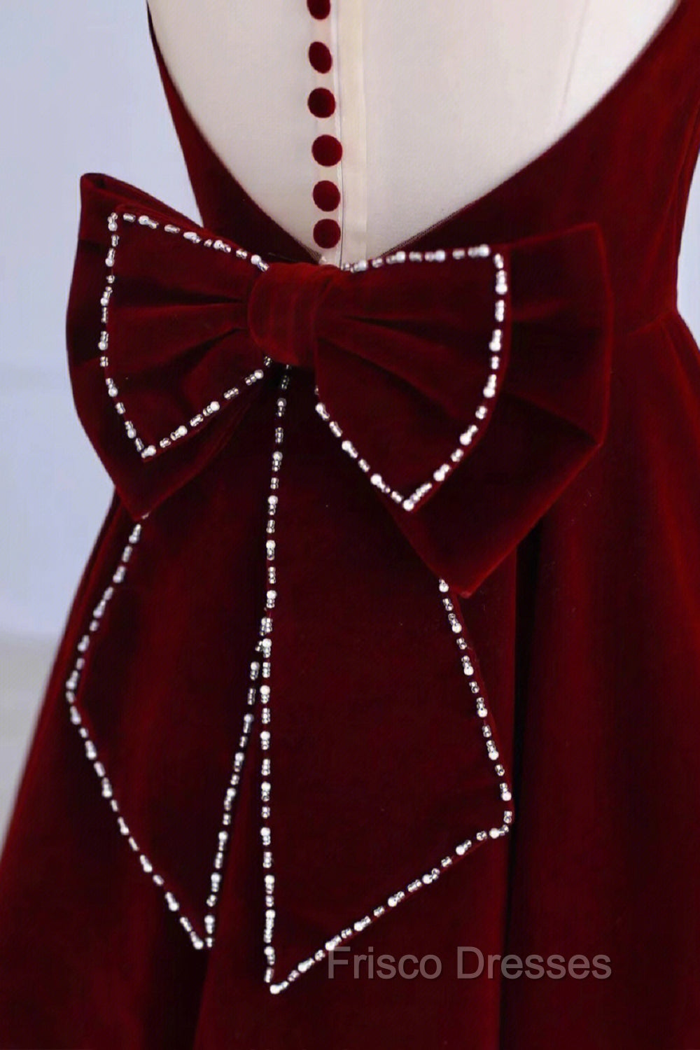 Burgundy Velvet Tea Length Formal Prom Dress, A-Line Party Dress with Bow