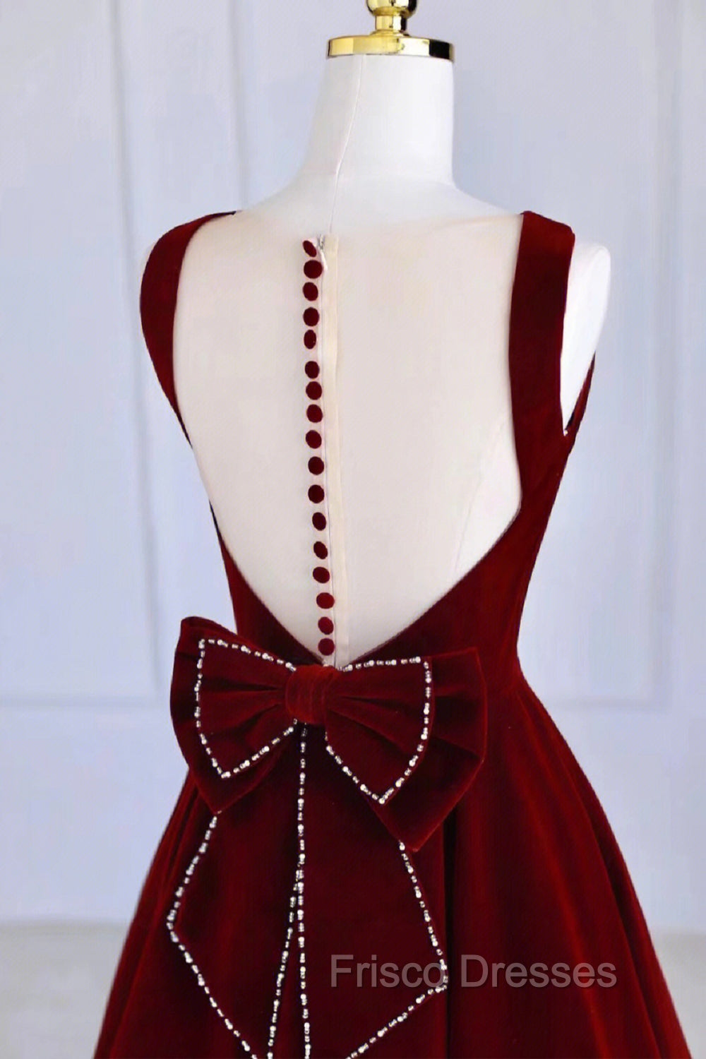 Burgundy Velvet Tea Length Formal Prom Dress, A-Line Party Dress with Bow