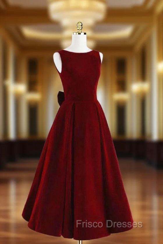 Burgundy Velvet Tea Length Formal Prom Dress, A-Line Party Dress with Bow Main image