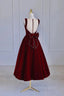 Burgundy Velvet Tea Length Formal Prom Dress, A-Line Party Dress with Bow