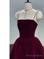 Burgundy Velvet Tea Length Prom Dress, Burgundy Evening Dress