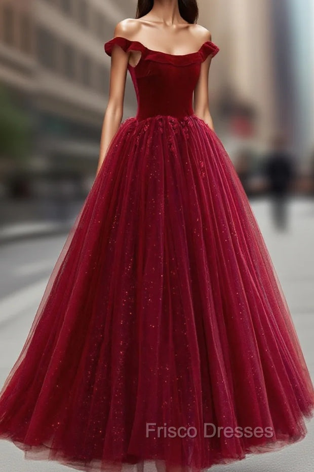 Burgundy Velvet Tulle Floor Length Formal Prom Dress, Lovely Evening Party Dress Secondary image