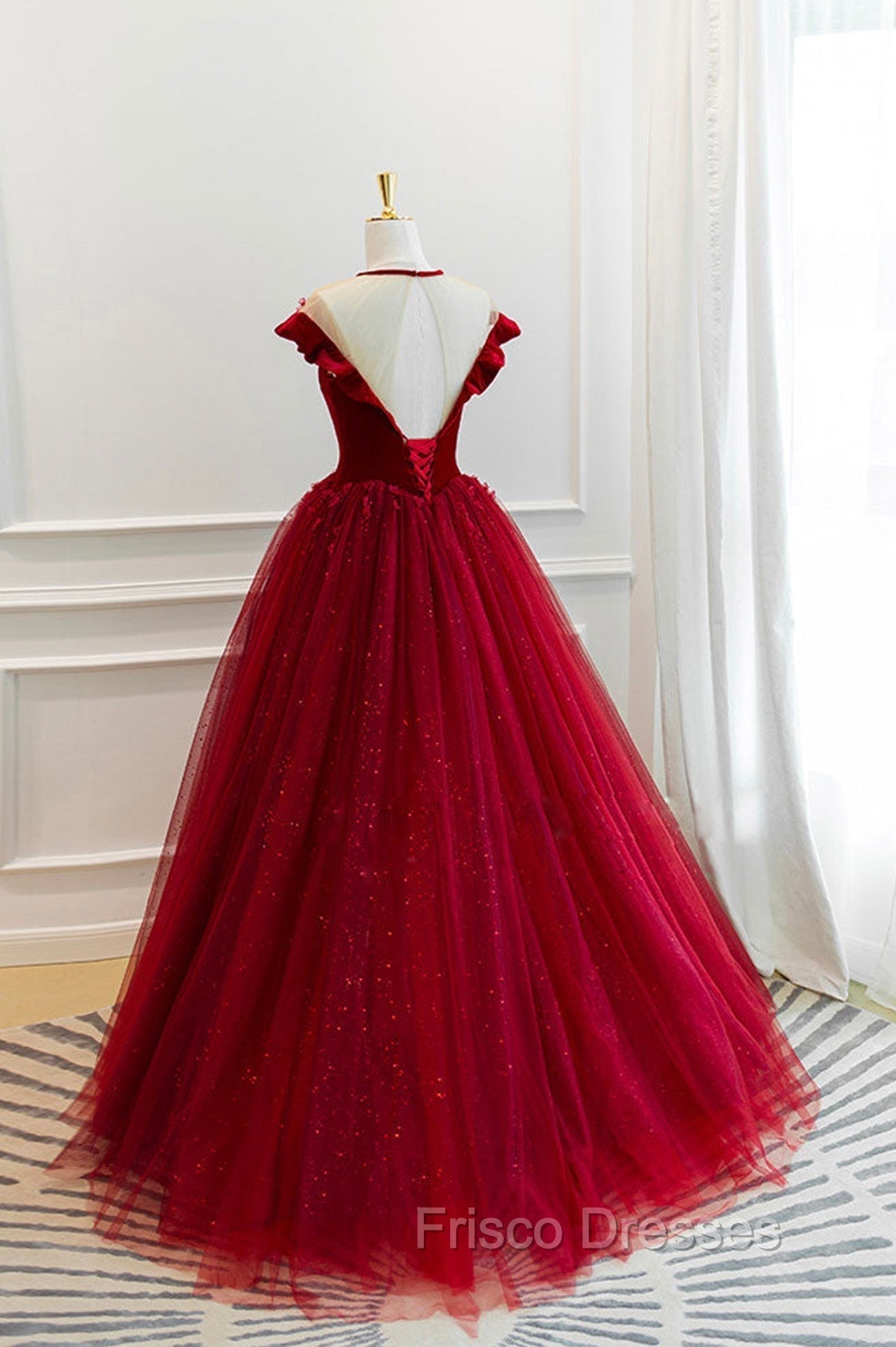 Burgundy Velvet Tulle Floor Length Formal Prom Dress, Lovely Evening Party Dress