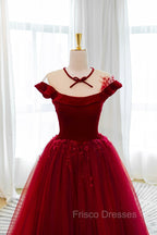 Burgundy Velvet Tulle Floor Length Formal Prom Dress, Lovely Evening Party Dress