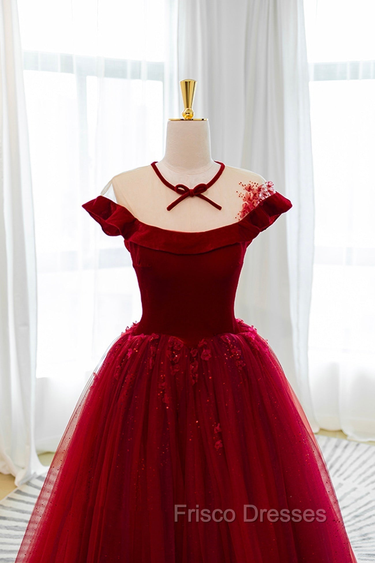 Burgundy Velvet Tulle Floor Length Formal Prom Dress, Lovely Evening Party Dress