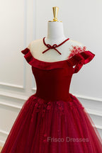 Burgundy Velvet Tulle Floor Length Formal Prom Dress, Lovely Evening Party Dress