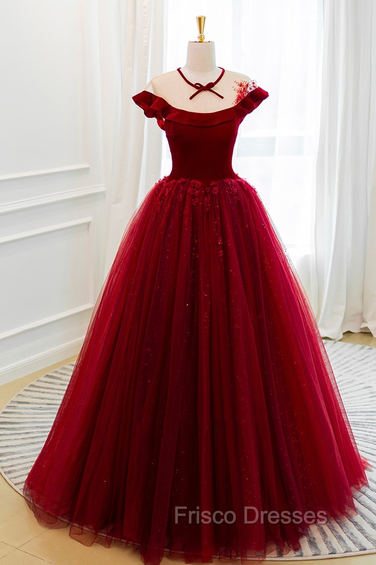 Burgundy Velvet Tulle Floor Length Formal Prom Dress, Lovely Evening Party Dress