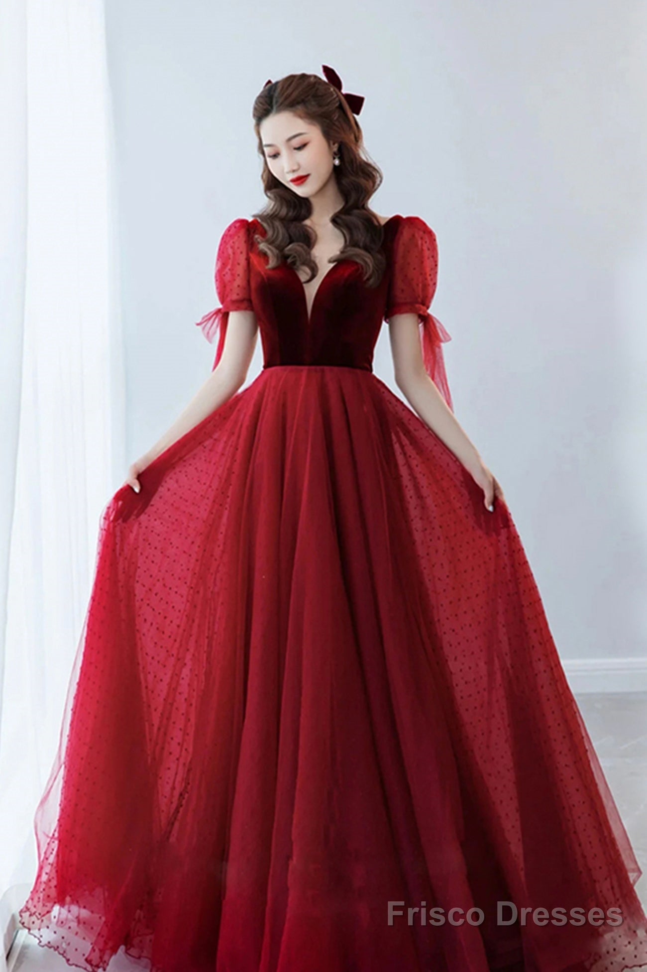 Burgundy Velvet Tulle Long A-Line Prom Dress, V-Neck Short Sleeve Party Dress Main image
