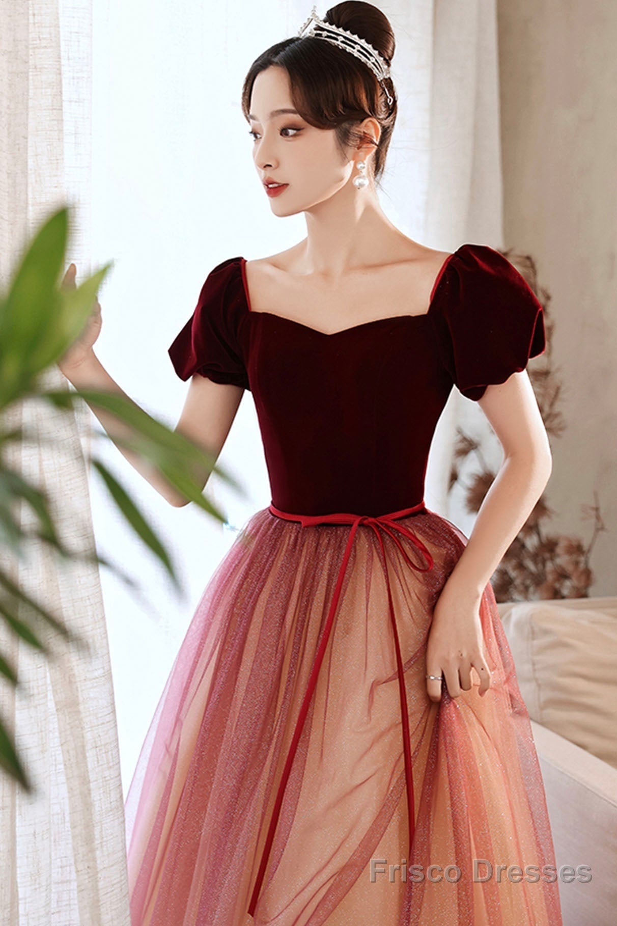 Burgundy Velvet Tulle Short Sleeves Long Formal Dress, Evening Prom Event Secondary image