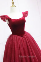 Burgundy Velvet Tulle Tea Length Formal Prom Dress, Cute A-Line Party Dress