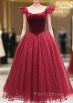 Burgundy Velvet Tulle Tea Length Formal Prom Dress, Cute A-Line Party Dress