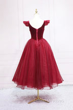 Burgundy Velvet Tulle Tea Length Formal Prom Dress, Cute A-Line Party Dress