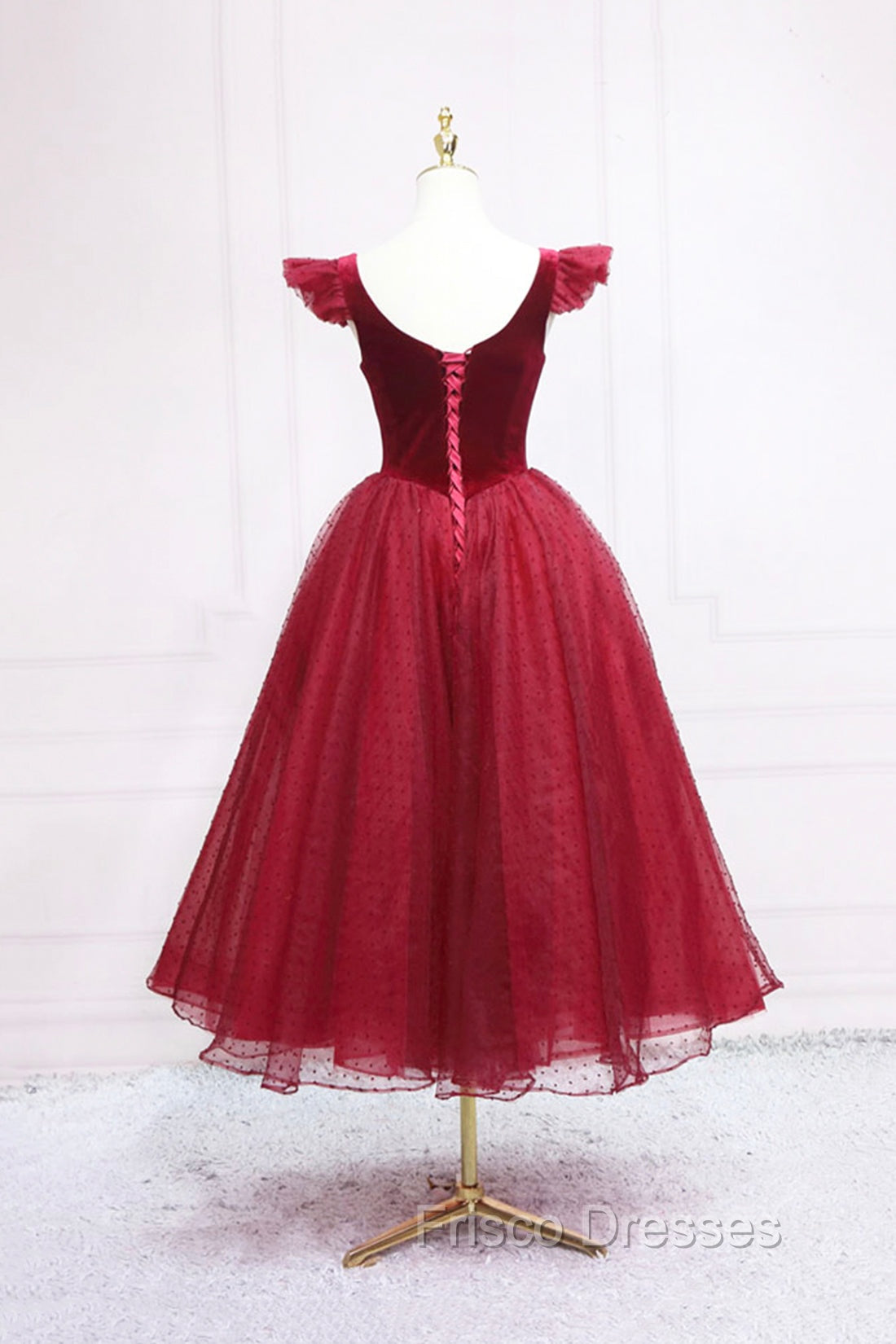 Burgundy Velvet Tulle Tea Length Formal Prom Dress, Cute A-Line Party Dress