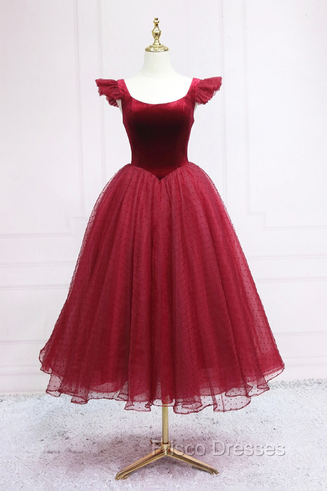 Burgundy Velvet Tulle Tea Length Formal Prom Dress, Cute A-Line Party Dress Main image
