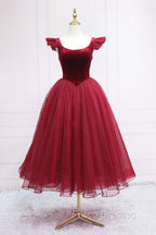 Burgundy Velvet Tulle Tea Length Formal Prom Dress, Cute A-Line Party Dress