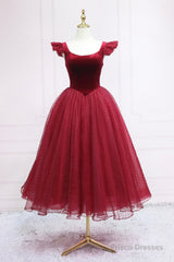 Burgundy Velvet Tulle Tea Length Prom Dress, Cute A-Line Party Dress