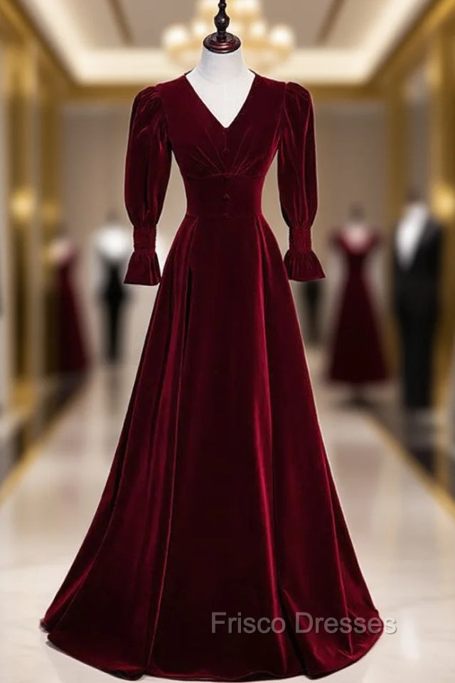 Burgundy Velvet V-neck Long Sleeve Button Formal Prom Dress Main image