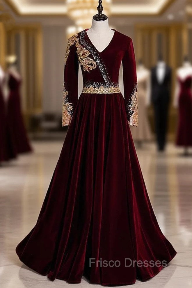 Burgundy Velvet V-neck Long Sleeve Gold Beading Formal Prom Dress