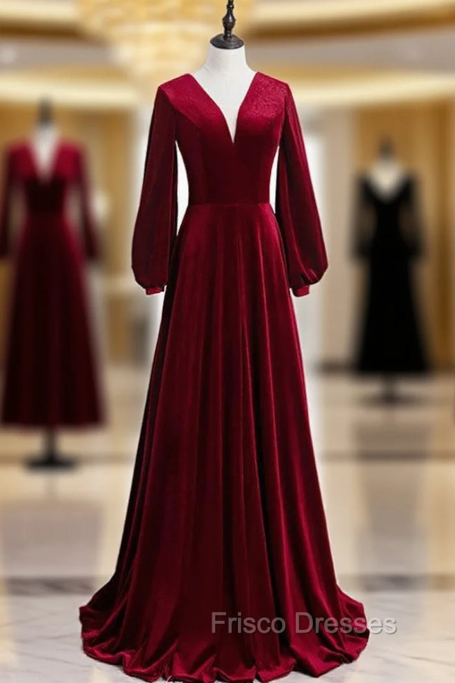 Burgundy Velvet V-neck Long Sleeve Long Formal Prom Dress