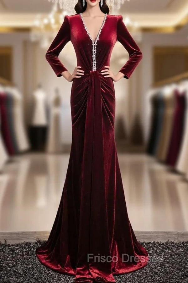 Burgundy Velvet V-neck Long Sleeve Formal Prom Dress Main image