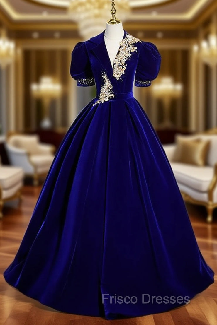 Burgundy Velvet V-neck Puff Sleeve Appliques Formal Prom Dress