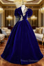 Burgundy Velvet V-neck Puff Sleeve Appliques Formal Prom Dress