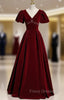 Burgundy Velvet V-neck Puff Sleeve Beading Formal Prom Dress