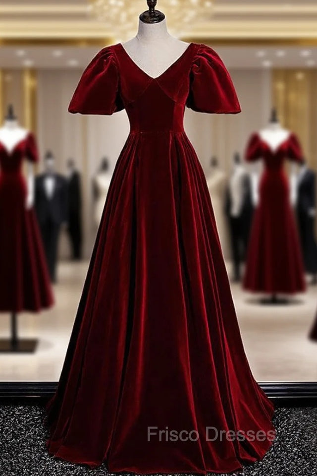 Burgundy Velvet V-neck Puff Sleeve Formal Prom Dress Main image