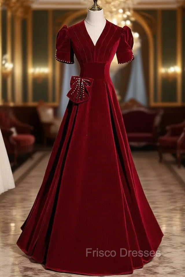 Burgundy Velvet V-neck Short Sleeve Formal Prom Dress