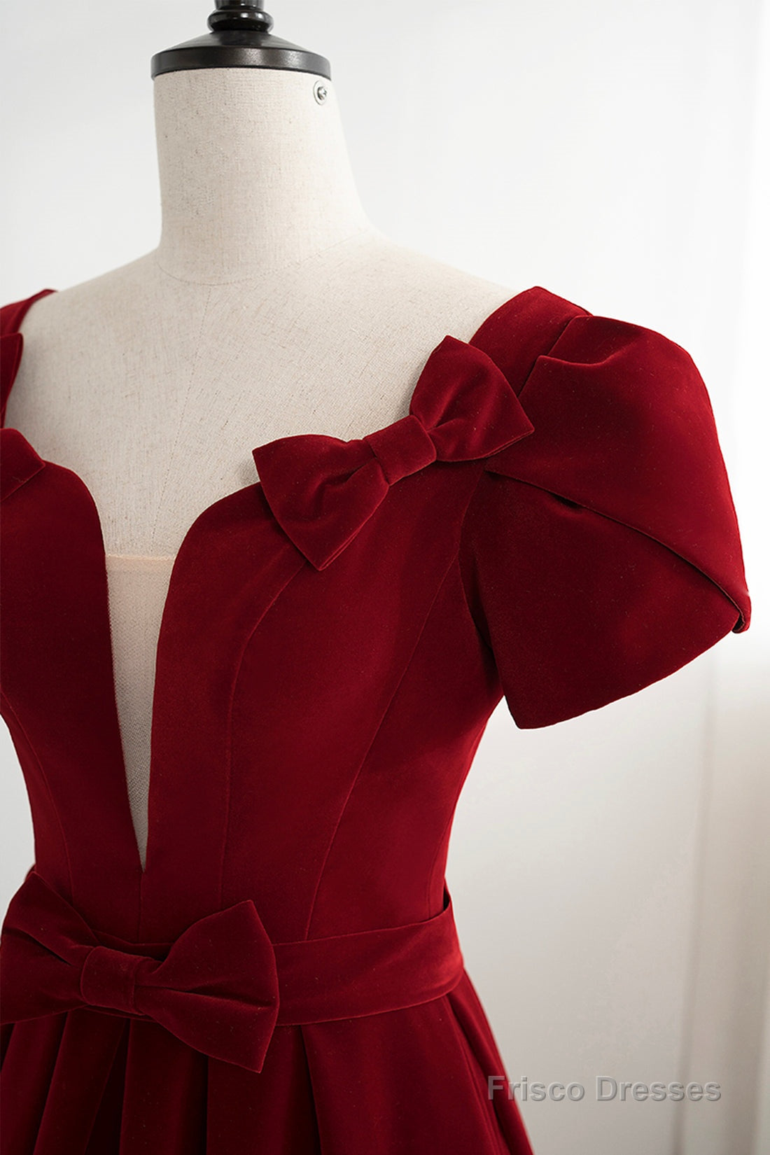 Burgundy Velvet Velvet Long Prom Dress, Cute Short Sleeve Party Dress Secondary image