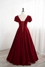 Burgundy Velvet Velvet Long Prom Dress, Cute Short Sleeve Party Dress