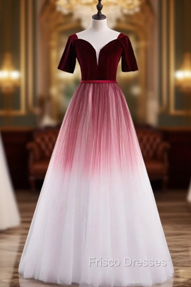 Burgundy White Tulle Velvet Short Sleeve Formal Prom Dress Main image