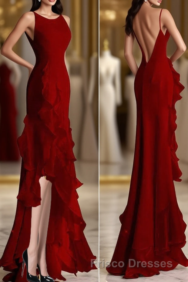 Simple Mermaid Formal Prom Gown With Ruffles, Spaghetti Straps Backless Dress For Date