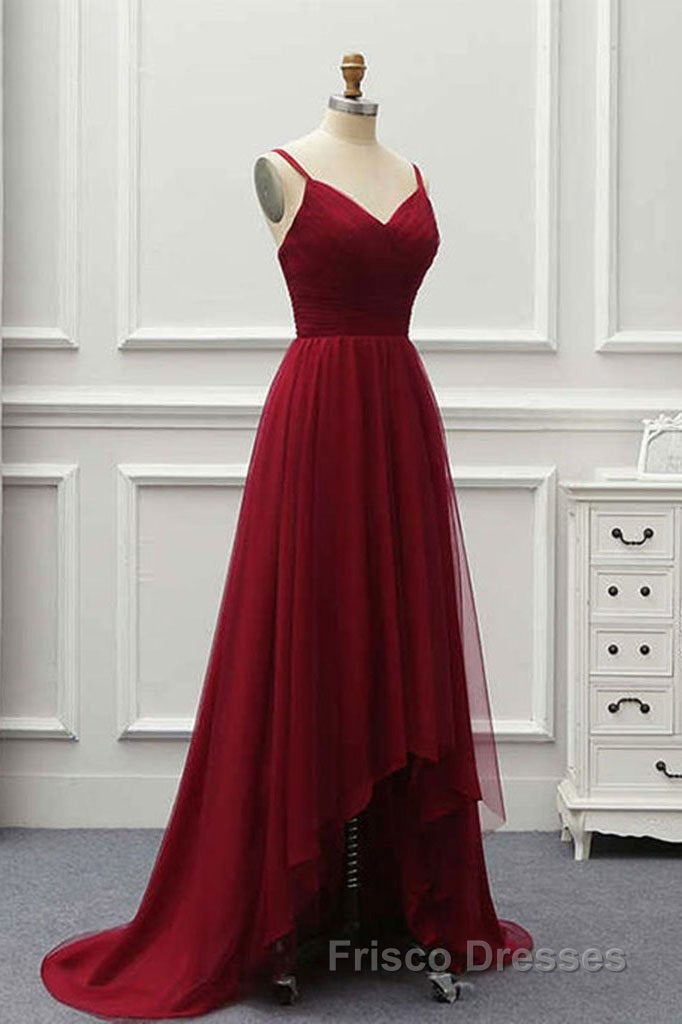 A Line High Low Tulle Formal Prom Dress with Train, Burgundy V Neck Backless Formal Prom Dress
